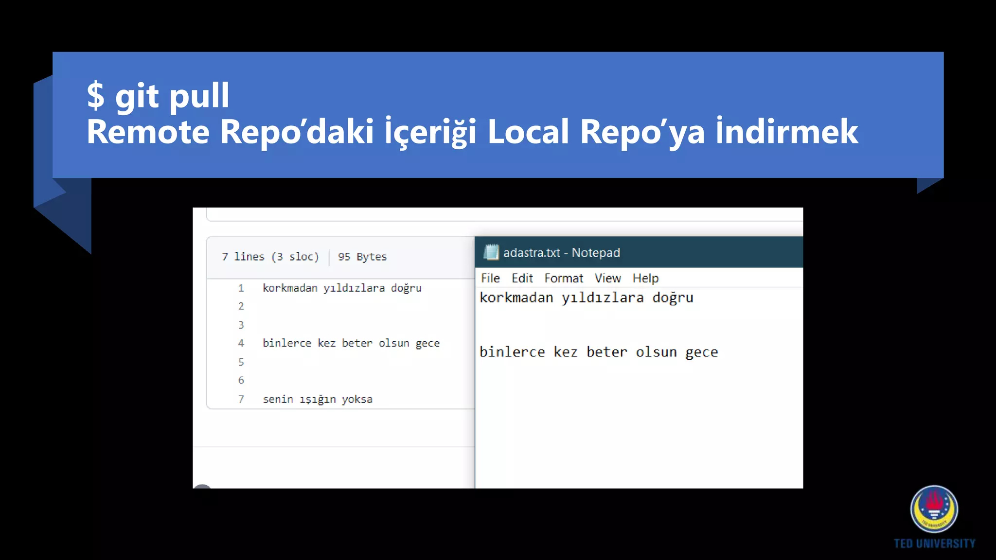 $ git pull
Remote Repo’daki İçeriği Local Repo’ya İndirmek
 