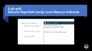 $ git pull
Remote Repo’daki İçeriği Local Repo’ya İndirmek
 