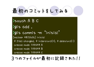 最初のコミットをしてみる
最初のコミットをしてみる
>touch A B C
>git add .
>git commit -m ‘initial’
[master 482fbfb] initial
 0 files changed, 0 insertions(+), 0 deletions(-)
 create mode 100644 A
 create mode 100644 B
 create mode 100644 C

３つのファイルが最初に記録された！！
 つのファイルが最初 記録された！！
        最初に  された
 