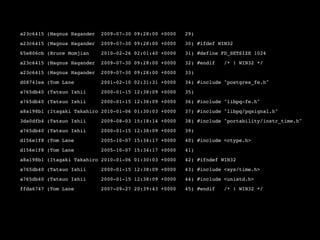 a23c6415 (Magnus Hagander   2009-07-30 09:28:00 +0000   29)
a23c6415 (Magnus Hagander   2009-07-30 09:28:00 +0000   30) #ifdef WIN32
65e806cb (Bruce Momjian     2010-02-26 02:01:40 +0000   31) #define FD_SETSIZE 1024
a23c6415 (Magnus Hagander   2009-07-30 09:28:00 +0000   32) #endif   /* ! WIN32 */
a23c6415 (Magnus Hagander   2009-07-30 09:28:00 +0000   33)
d08741ea (Tom Lane          2001-02-10 02:31:31 +0000   34) #include "postgres_fe.h"
a765db40 (Tatsuo Ishii      2000-01-15 12:38:09 +0000   35)
a765db40 (Tatsuo Ishii      2000-01-15 12:38:09 +0000   36) #include "libpq-fe.h"
a8a198b1 (Itagaki Takahiro 2010-01-06 01:30:03 +0000    37) #include "libpq/pqsignal.h"
3da0dfb4 (Tatsuo Ishii      2009-08-03 15:18:14 +0000   38) #include "portability/instr_time.h"
a765db40 (Tatsuo Ishii      2000-01-15 12:38:09 +0000   39)
d156e1f8 (Tom Lane          2005-10-07 15:34:17 +0000   40) #include <ctype.h>
d156e1f8 (Tom Lane          2005-10-07 15:34:17 +0000   41)
a8a198b1 (Itagaki Takahiro 2010-01-06 01:30:03 +0000    42) #ifndef WIN32
a765db40 (Tatsuo Ishii      2000-01-15 12:38:09 +0000   43) #include <sys/time.h>
a765db40 (Tatsuo Ishii      2000-01-15 12:38:09 +0000   44) #include <unistd.h>
ffda6747 (Tom Lane          2007-09-27 20:39:43 +0000   45) #endif   /* ! WIN32 */
 