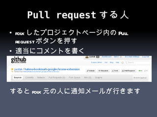 Pull requestする人 folkしたプロジェクトページ内のPull requestボタンを押す 適当にコメントを書く するとfolk元の人に通知メールが行きます 
