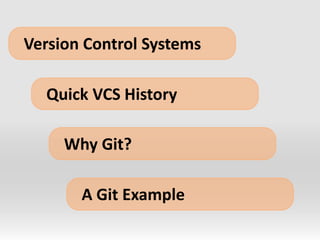 Version Control SystemsQuick VCS HistoryWhy Git?A Git Example