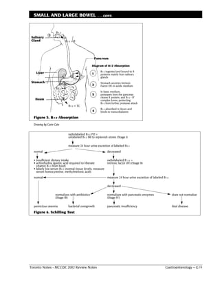 SMALL AND LARGE BOWEL                                . . . CONT.




                    B12
 Salivary                 R
 Gland                     B12 + R




                                                     Pancreas

                                                 Diagram of B12 Absorption

    Liver                                                B12 ingested and bound to R
                                  IF             1       proteins mainly from salivary
                                                         glands
                                   H+
 Stomach                                                 Stomach secretes Intrinsic
                       R                         2       Factor (IF) in acidic medium
                    B12 + IF
                                                         In basic medium,
                                                 3       proteases from the pancreas
                                                         cleave R protein, and B12 - IF
   Ileum                                                 complex forms, protecting
                                                         B12 from further protease attack
                               B12 + TC
                                                         B12 absorbed in ileum and
                                                 4       binds to transcobalamin

  Figure 5. B12 Absorption
  Drawing by Carin Cain


                               radiolabeled B12 PO +
                               unlabeled B12 IM to replenish stores (Stage I)

                               measure 24 hour urine excretion of labeled B12
  normal                                                      decreased

  • insufficient dietary intake                          radiolabeled B 12 +
  • achlorhydria (gastric acid required to liberate      intrinsic factor (IF) (Stage II)
    vitamin B12 from food)
  • falsely low serum B12 (normal tissue levels; measure
    serum homocysteine, methylmelonic acid)
  normal                                                      measure 24 hour urine excretion of labeled B12

                                                              decreased

                   normalizes with antibiotics                normalizes with pancreatic enzymes               does not normalize
                   (Stage III)                                (Stage IV)

  pernicious anemia            bacterial overgrowth           pancreatic insufficiency                         ileal disease
  Figure 6. Schilling Test




Toronto Notes - MCCQE 2002 Review Notes                                                                  Gastroenterology – G19
 
