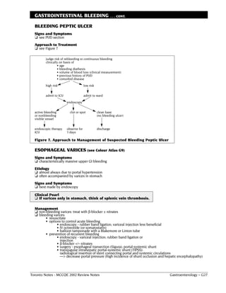 GASTROINTESTINAL BLEEDING                                  . . . CONT.


  BLEEDING PEPTIC ULCER
  Signs and Symptoms
  ❏ see PUD section
  Approach to Treatment
  ❏ see Figure 7

         judge risk of rebleeding or continuous bleeding
         clinically on basis of
                  • age
                  • bleeding diathesis
                  • volume of blood loss (clinical measurement)
                  • previous history of PUD
                  • comorbid disease

         high risk                    low risk


         admit to ICU                 admit to ward

                        endoscopy


  active bleeding         clot or spot           clean base
  or nonbleeding                                 (no bleeding ulcer)
  visible vessel


  endoscopic therapy    observe for              discharge
  ICU                   3 days

  Figure 7. Approach to Management of Suspected Bleeding Peptic Ulcer

  ESOPHAGEAL VARICES (see Colour Atlas G9)
  Signs and Symptoms
  ❏ characteristically massive upper GI bleeding
  Etiology
  ❏ almost always due to portal hypertension
  ❏ often accompanied by varices in stomach
  Signs and Symptoms
  ❏ best made by endoscopy
  Clinical Pearl
  ❏ If varices only in stomach, think of splenic vein thrombosis.

  Management
  ❏ non-bleeding varices: treat with ß-blocker ± nitrates
  ❏ bleeding varices:
        • resuscitate
        • options to control acute bleeding
               • endoscopy - rubber band ligation; variceal injection less beneficial
               • IV octreotide (or somatostatin)
               • balloon tamponade with a Blakemore or Linton tube
        • prevention of recurrent bleeding
               • endoscopy - variceal injection; rubber band ligation or
                 injection
               • ß-blocker +/– nitrates
               • surgery - esophageal transection (Sigura); portal-systemic shunt
               • transjugular intrahepatic portal-systemic shunt (TIPSS):
                 radiological insertion of stent connecting portal and systemic circulations
                 ––> decrease portal pressure (high incidence of shunt occlusion and hepatic encephalopathy)



Toronto Notes - MCCQE 2002 Review Notes                                                Gastroenterology – G27
 