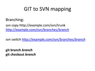 GIT to SVN mapping
Branching:
svn copy http://example.com/svn/trunk
http://example.com/svn/branches/branch

svn switch http://example.com/svn/branches/branch

git branch branch
git checkout branch
 