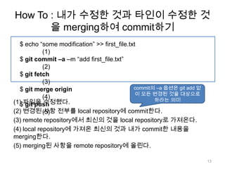 How To : 내가 수정한 것과 타인이 수정한 것
       을 merging하여 commit하기
  $ echo “some modification” >> first_file.txt
            (1)
  $ git commit –a –m “add first_file.txt”
            (2)
  $ git fetch
            (3)
  $ git merge origin                         commit의 –a 옵션은 git add 없
                                              이 모든 변경된 것을 대상으로
            (4)                                     하라는 의미
(1) 파일을 수정했다.
  $ git push
(2) 변경된 (5) 전부를 local repository에 commit한다.
            사항
(3) remote repository에서 최신의 것을 local repository로 가져온다.
(4) local repository에 가져온 최신의 것과 내가 commit한 내용을
merging한다.
(5) merging된 사항을 remote repository에 올린다.

                                                                        13
 