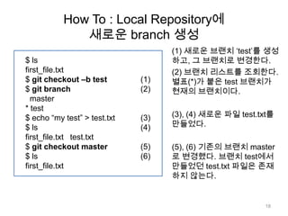 How To : Local Repository에
              새로운 branch 생성
                                    (1) 새로운 브랜치 „test‟를 생성
$ ls                                하고, 그 브랜치로 변경한다.
first_file.txt                      (2) 브랜치 리스트를 조회한다.
$ git checkout –b test        (1)   별표(*)가 붙은 test 브랜치가
$ git branch                  (2)   현재의 브랜치이다.
  master
* test
$ echo “my test” > test.txt   (3)   (3), (4) 새로운 파일 test.txt를
$ ls                          (4)   만들었다.
first_file.txt test.txt
$ git checkout master         (5)   (5), (6) 기존의 브랜치 master
$ ls                          (6)   로 변경했다. 브랜치 test에서
first_file.txt                      만들었던 test.txt 파일은 존재
                                    하지 않는다.


                                                          18
 