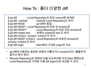 How To : 좀더 다양한 diff

 $ git diff        : Local Repository의 최근 commit된 상태와
 $ git diff --cached        : Index와 Local Repository간 차이
 $ git diff HEAD            : git diff와 동일
 $ git diff HEAD^ : Local Repository의 바로 전 revision과
 $ git diff HEAD^^          : Local Repository의 바로 전전 revision과
 $ git diff master test     : 브랜치 master와 test 간 차이
 $ git diff a1b2c3 : revision “a1b2c3”간 차이
 $ git diff HEAD^ a1b2c3 : Local Repository의 바로전 revision과
 revision „a1b2c3‟간 차이
 $ git diff origin          : fetch해서 가져온 origin과 비교

• git diff에 사용되는 옵션은 브랜치 이름이거나 revision이다. 똘똘하게
  알아서 찾아 준다.
• Remote Repository와 현재의 것을 비교하려면 우선 fetch 명령으로
  Local Repository로 가져온 다음 diff origin으로 비교할 수 있다.
                                                                  28
 