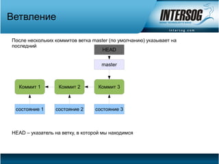 Ветвление

После нескольких коммитов ветка master (по умолчанию) указывает на
последний
                                   HEAD


                                    master



  Коммит 1        Коммит 2        Коммит 3



 состояние 1     cостояние 2     состояние 3



HEAD – указатель на ветку, в которой мы находимся
 