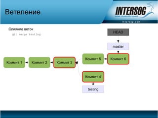 Ветвление

 Слияние веток
  git merge testing
                                               HEAD



                                               master


                                   Коммит 5   Коммит 6
Коммит 1     Коммит 2   Коммит 3



                                   Коммит 4


                                    testing
 