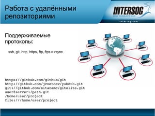 Работа с удалёнными
репозиториями

Поддерживаемые
протоколы:
 ssh, git, http, https, ftp, ftps и rsync




https://github.com/github/git
http://github.com/jcnetdev/yubnub.git
git://github.com/sitaramc/gitolite.git
user@server:/path.git 
/home/user/project
file:///home/user/project
 