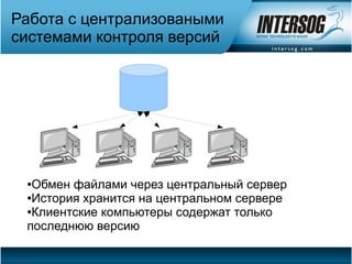 Работа с централизоваными
системами контроля версий




 ●Обмен файлами через центральный сервер
 ●История хранится на центральном сервере

 ●Клиентские компьютеры содержат только

 последнюю версию
 