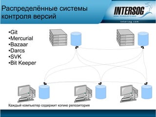 Распределённые системы
контроля версий

 ●Git
 ●Mercurial

 ●Bazaar

 ●Darcs

 ●SVK

 ●Bit Keeper




 Каждый компьютер содержит копию репозитория
 