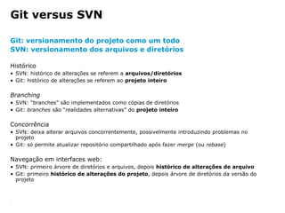 Git versus SVN

Git: versionamento do projeto como um todo
SVN: versionamento dos arquivos e diretórios

Histórico
• SVN: ...