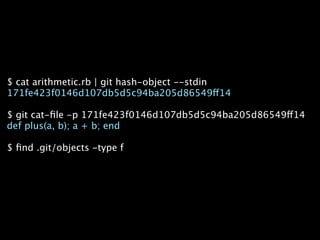 $ cat arithmetic.rb | git hash-object --stdin
171fe423f0146d107db5d5c94ba205d86549ff14

$ git cat-ﬁle -p 171fe423f0146d107db5d5c94ba205d86549ff14
def plus(a, b); a + b; end

$ ﬁnd .git/objects -type f
 
