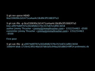$ git rev-parse HEAD
0ca330690c2d1471ca4aa4c18c8fe3f53883f7a3

$ git cat-ﬁle -p 0ca330690c2d1471ca4aa4c18c8fe3f53883f7a3
tree a9974d0f707a302dfd82370c357e87e1df813658
author Jimmy Thrasher <jimmy@jimmythrasher.com> 1352254463 -0500
committer Jimmy Thrasher <jimmy@jimmythrasher.com> 1352254463
-0500

First post

$ git cat-ﬁle -p a9974d0f707a302dfd82370c357e87e1df813658
100644 blob 171fe423f0146d107db5d5c94ba205d86549ff14
arithmetic.rb
 