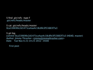 $ ﬁnd .git/refs -type f
.git/refs/heads/master

$ cat .git/refs/heads/master
0ca330690c2d1471ca4aa4c18c8fe3f53883f7a3

$ git log
commit 0ca330690c2d1471ca4aa4c18c8fe3f53883f7a3 (HEAD, master)
Author: Jimmy Thrasher <jimmy@jimmythrasher.com>
Date: Tue Nov 6 21:14:23 2012 -0500

  First post
 