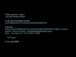 $ ﬁnd .git/refs -type f
.git/refs/heads/master

$ cat .git/refs/heads/master
0ca330690c2d1471ca4aa4c18c8fe3f53883f7a3

$ git log
commit 0ca330690c2d1471ca4aa4c18c8fe3f53883f7a3 (HEAD, master)
Author: Jimmy Thrasher <jimmy@jimmythrasher.com>
Date: Tue Nov 6 21:14:23 2012 -0500

  First post

$ cat .git/HEAD
 