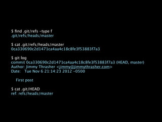$ ﬁnd .git/refs -type f
.git/refs/heads/master

$ cat .git/refs/heads/master
0ca330690c2d1471ca4aa4c18c8fe3f53883f7a3

$ git log
commit 0ca330690c2d1471ca4aa4c18c8fe3f53883f7a3 (HEAD, master)
Author: Jimmy Thrasher <jimmy@jimmythrasher.com>
Date: Tue Nov 6 21:14:23 2012 -0500

  First post

$ cat .git/HEAD
ref: refs/heads/master
 