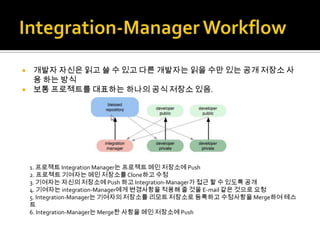  개발자 자신은 읽고 쓸 수 있고 다른 개발자는 읽을 수만 있는 공개 저장소 사
  용 하는 방식
 보통 프로젝트를 대표하는 하나의 공식 저장소 있음.




    1. 프로젝트 Integration Manager는 프로젝트 메인 저장소에 Push
    2. 프로젝트 기여자는 메인 저장소를 Clone하고 수정
    3. 기여자는 자신의 저장소에 Push 하고 Integration-Manager가 접근 할 수 있도록 공개
    4. 기여자는 integration-Manager에게 변경사항을 적용해 줄 것을 E-mail 같은 것으로 요청
    5. Integration-Manager는 기여자의 저장소를 리모트 저장소로 등록하고 수정사항을 Merge하여 테스
    트
    6. Integration-Manager는 Merge한 사항을 메인 저장소에 Push
 
