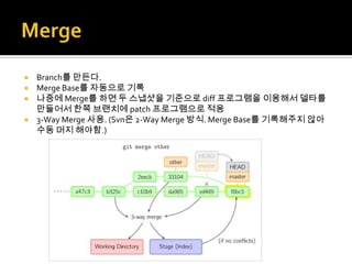  Branch를 만든다.
 Merge Base를 자동으로 기록
 나중에 Merge를 하면 두 스냅샷을 기준으로 diff 프로그램을 이용해서 델타를
  만들어서 한쪽 브랜치에 patch 프로그램으로 적용
 3-Way Merge 사용. (Svn은 2-Way Merge 방식. Merge Base를 기록해주지 않아
  수동 머지 해야함.)
 