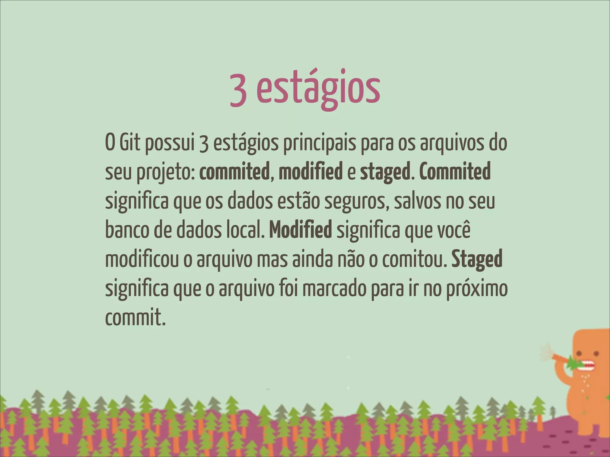 3 estágios
O Git possui 3 estágios principais para os arquivos do
seu projeto: commited, modified e staged. Commited
significa que os dados estão seguros, salvos no seu
banco de dados local. Modified significa que você
modificou o arquivo mas ainda não o comitou. Staged
significa que o arquivo foi marcado para ir no próximo
commit.
 