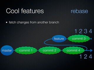 Cool features                              rebase
    fetch changes from another branch

                                               1234
                                 feature      commit 3


master    commit 1        commit 2         commit 4

                                                  124
 