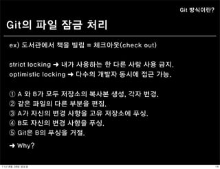 Git 방식이란?


  Git의 파일 잠금 처리
    ex) 도서관에서 책을 빌림 = 체크아웃(check out)


    strict locking ➜ 내가 사용하는 한 다른 사람 사용 금지.
    optimistic locking ➜ 다수의 개발자 동시에 접근 가능.


    ①     A 와 B가 모두 저장소의 복사본 생성, 각자 변경.
    ②     같은 파일의 다른 부분을 편집.
    ③     A가 자신의 변경 사항을 고유 저장소에 푸싱.
    ④     B도 자신의 변경 사항을 푸싱.
    ⑤     Git은 B의 푸싱을 거절.
    ➜ Why?


11년	 8월	 28일	 일요일                                         14
 