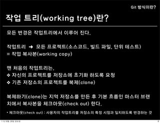 Git 방식이란?


   작업 트리(working tree)란?
    모든 변경은 작업트리에서 이루어 진다.


    작업트리 ➜ 모든 프로젝트(소스코드, 빌드 파일, 단위 테스트)
    = 작업 복사본(working copy)


    맨 처음의 작업트리는,
    ❖ 자신의 프로젝트를 저장소에 초기화 하도록 요청
    ❖ 기존 저장소의 프로젝트를 복제(clone)


    복제하기(clone)는 지역 저장소를 만든 후 기본 흐름인 마스터 브랜
    치에서 복사본을 체크아웃(check out) 한다.
    ⦁ 체크아웃(check out) : 사용자의 작업트리를 저장소의 특정 시점과 일치하도록 변경하는 것

11년	 8월	 28일	 일요일                                             8
 