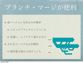 ブランチ・マージが便利

        別バージョンを作るのが簡単

             トピックブランチとしてつくる

             色違い、レイアウト案などなど

        それをマージするのが簡単

             検討案を後から戻すことも


13年2月5日火曜日
 
