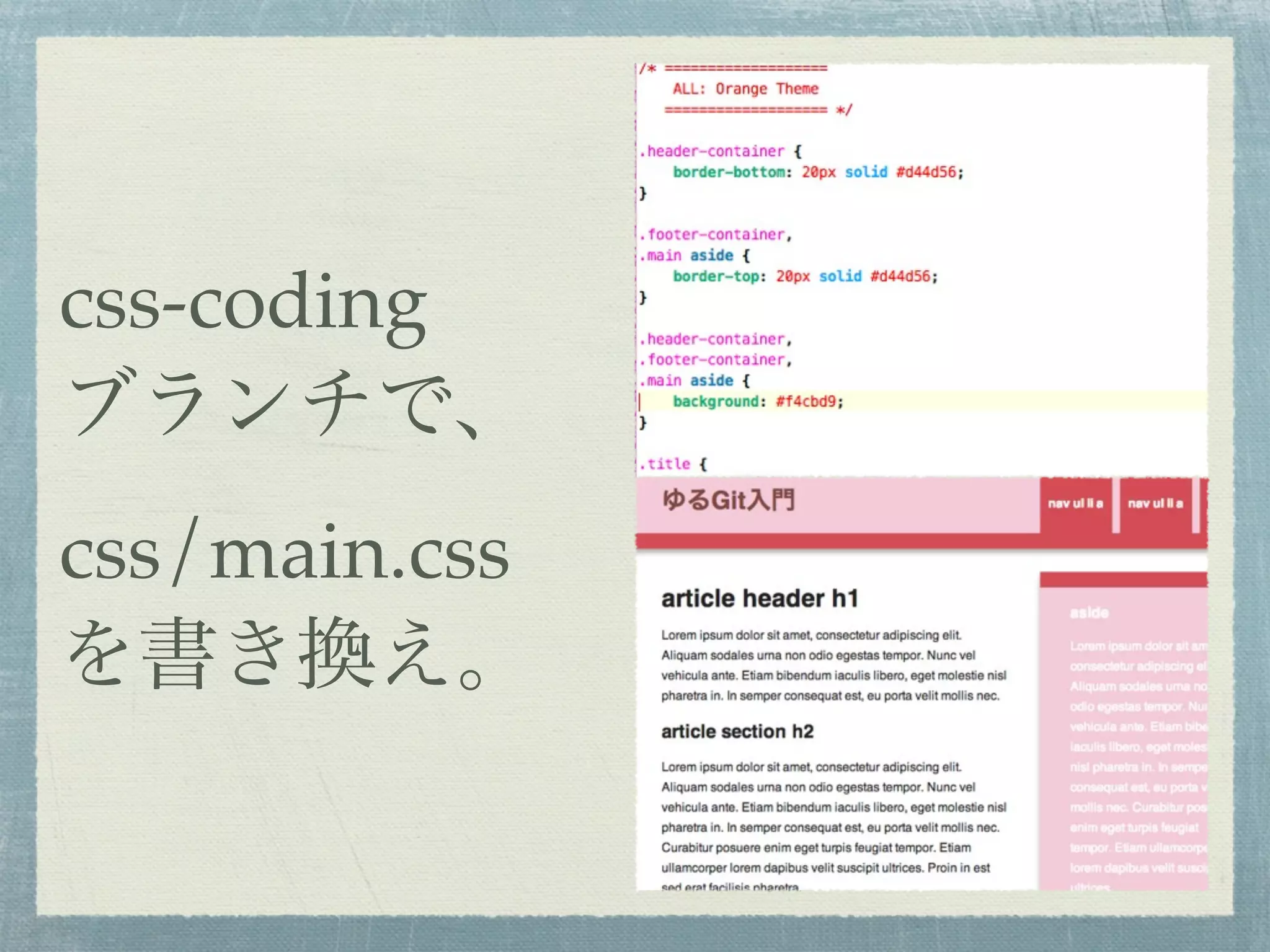 css-coding
ブランチで、
css/main.css
を書き換え。
 