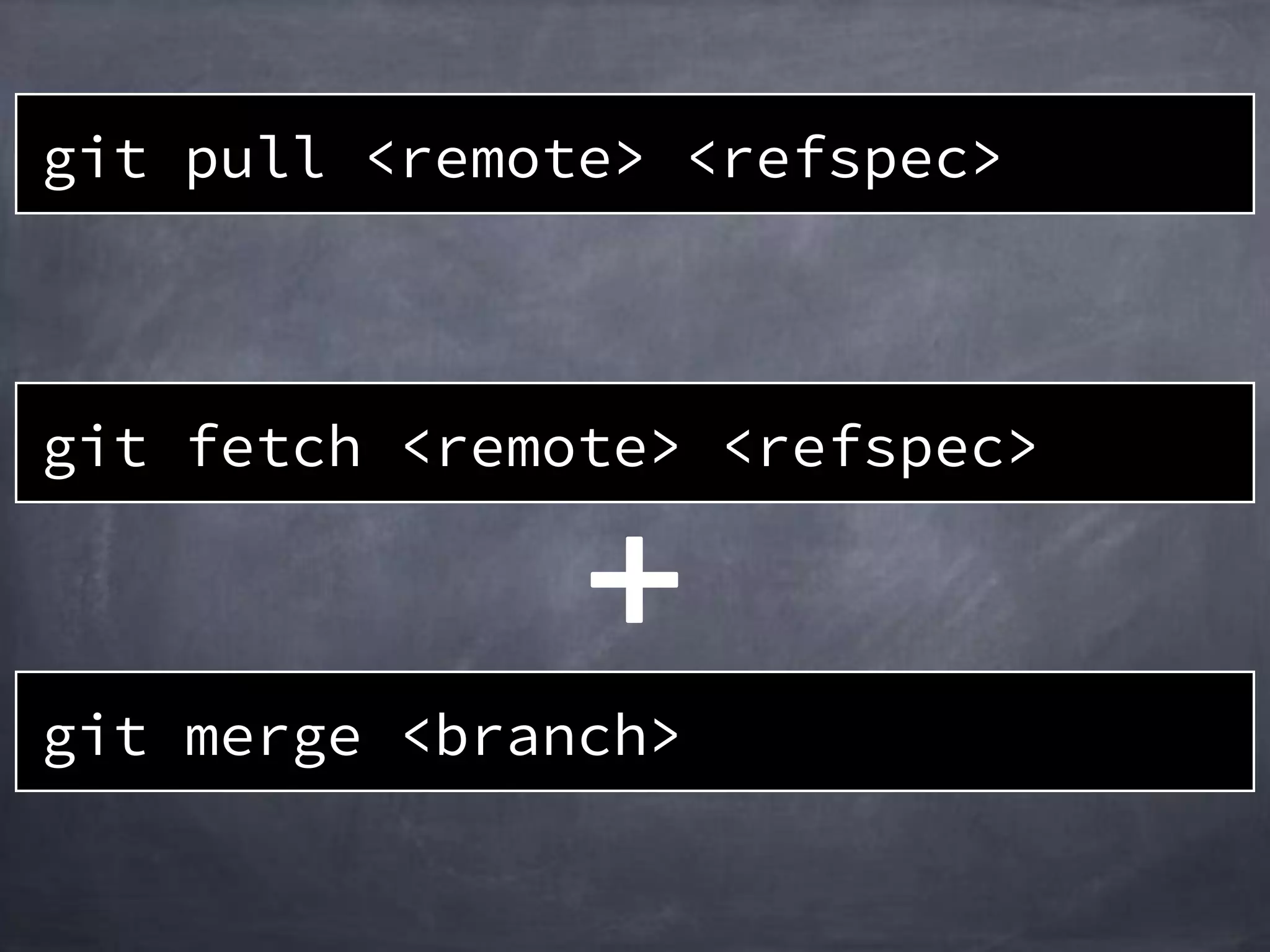 git pull <remote> <refspec>
git merge <branch>
git fetch <remote> <refspec>
 