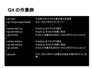 Git の作業例
> git fetch                 # 共用リポジトリから修正差分を取得
> git merge origin/master   # ローカルリポジトリにマージ
>
> emacs test1.js            # test1.js をエディタで修正
> git add test1.js          # test1.js をコミット対象に指定
> git commit                # コミット対象のものをローカルリポジトリににコミット
>
> emacs test2.js            # test2.js をエディタで修正
> git add test2.js          # test2.js をコミット対象に指定
> git commit                # コミット対象のものをローカルリポジトリににコミット
>
> git push                  # ローカルリポジトリの修正内容を共用リポジトリに反
                            映
 