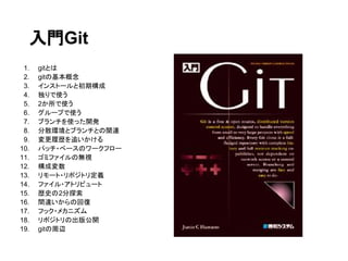 入門Git
 1.   gitとは
 2.   gitの基本概念
 3.   インストールと初期構成
 4.   独りで使う
 5.   2か所で使う
 6.   グループで使う
 7.   ブランチを使った開発
 8.   分散環境とブランチとの関連
 9.   変更履歴を追いかける
10.   パッチ・べースのワークフロー
11.   ゴミファイルの無視
12.   構成変数
13.   リモート・リポジトリ定義
14.   ファイル・アトリビュート
15.   歴史の2分探索
16.   間違いからの回復
17.   フック・メカニズム
18.   リポジトリの出版公開
19.   gitの周辺
 