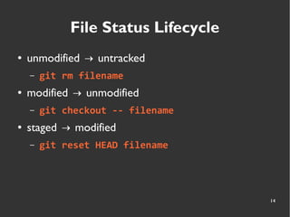 14
File Status Lifecycle
● unmodified untracked→
– git rm filename
● modified unmodified→
– git checkout -- filename
● staged modified→
– git reset HEAD filename
 