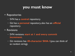 8
you must know
● Repositories
– SVN has a central repository.
– Git has a personal repository, also has an official
repository.
● Revisions
– SVN revisions start at 1 and every commit
increment.
– Git revisions has 40-character SHA-1(you can think of
as random string).
 