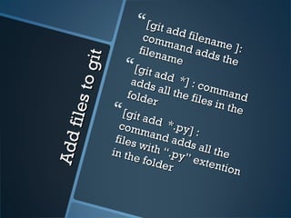 Addfilestogit
Addfilestogit
[git add filename ]:
[git add filename ]:
command adds the
command adds the
filename
filename
[git add *] : command
[git add *] : command
adds all the files in the
adds all the files in the
folder
folder
[git add *.py] :
[git add *.py] :
command adds all the
command adds all the
files with “.py” extention
files with “.py” extention
in the folder
in the folder
 
