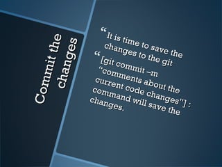 Committhe
Committhechanges
changes
It is time to save the
It is time to save the
changes to the git
changes to the git
[git commit –m
[git commit –m“comments about the
“comments about the
current code changes”] :
current code changes”] :
command will save the
command will save the
changes.
changes.
 