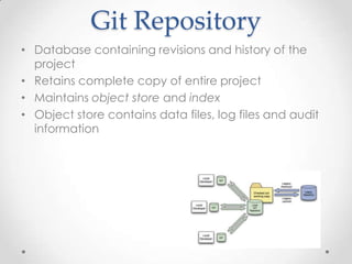 Git Repository
• Database containing revisions and history of the
project
• Retains complete copy of entire project
• Maintains object store and index
• Object store contains data files, log files and audit
information
 