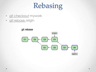 Rebasing
• git checkout mywork
• git rebase origin
 