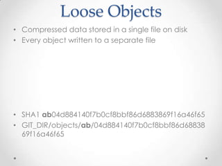 Loose Objects
• Compressed data stored in a single file on disk
• Every object written to a separate file
• SHA1 ab04d884140f7b0cf8bbf86d6883869f16a46f65
• GIT_DIR/objects/ab/04d884140f7b0cf8bbf86d68838
69f16a46f65
 