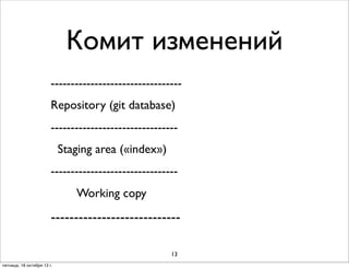 Комит изменений
--------------------------------Repository (git database)
-------------------------------Staging area («index»)
-------------------------------Working copy

---------------------------13
пятница, 18 октября 13 г.

 