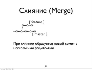 Слияние (Merge)
[ feature ]
o--o--o
/
--о--о--o--o--o
[ master ]
При слиянии образуется новый комит с
несколькими родителями.

24
пятница, 18 октября 13 г.

 