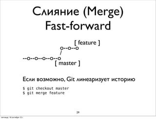 Слияние (Merge)
Fast-forward
[ feature ]
o--o--o
/
--о--о--o--o--o
[ master ]
Если возможно, Git линеаризует историю
$ git checkout master
$ git merge feature

29
пятница, 18 октября 13 г.

 