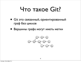 Что такое Git?
• Git это связанный, ориентированный
граф без циклов

• Вершины графа могут иметь метки

4
пятница, 18 октября 13 г.

 