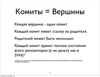 Комиты = Вершины
Каждая вершина - один комит.
Каждый комит имеет ссылку на родителя.
Родителей может быть несколько
Каждый комит хранит полное состояние
всего репозитория (а не дельту как в
SVN)*
* http://git-scm.com/book/ru/Git-%D0%B8%D0%B7%D0%BD%D1%83%D1%82%D1%80%D0%B8-%D0%9E%D0%B1%D1%8A%D0%B5%D0%BA
%D1%82%D1%8B-%D0%B2-Git

5
пятница, 18 октября 13 г.

 