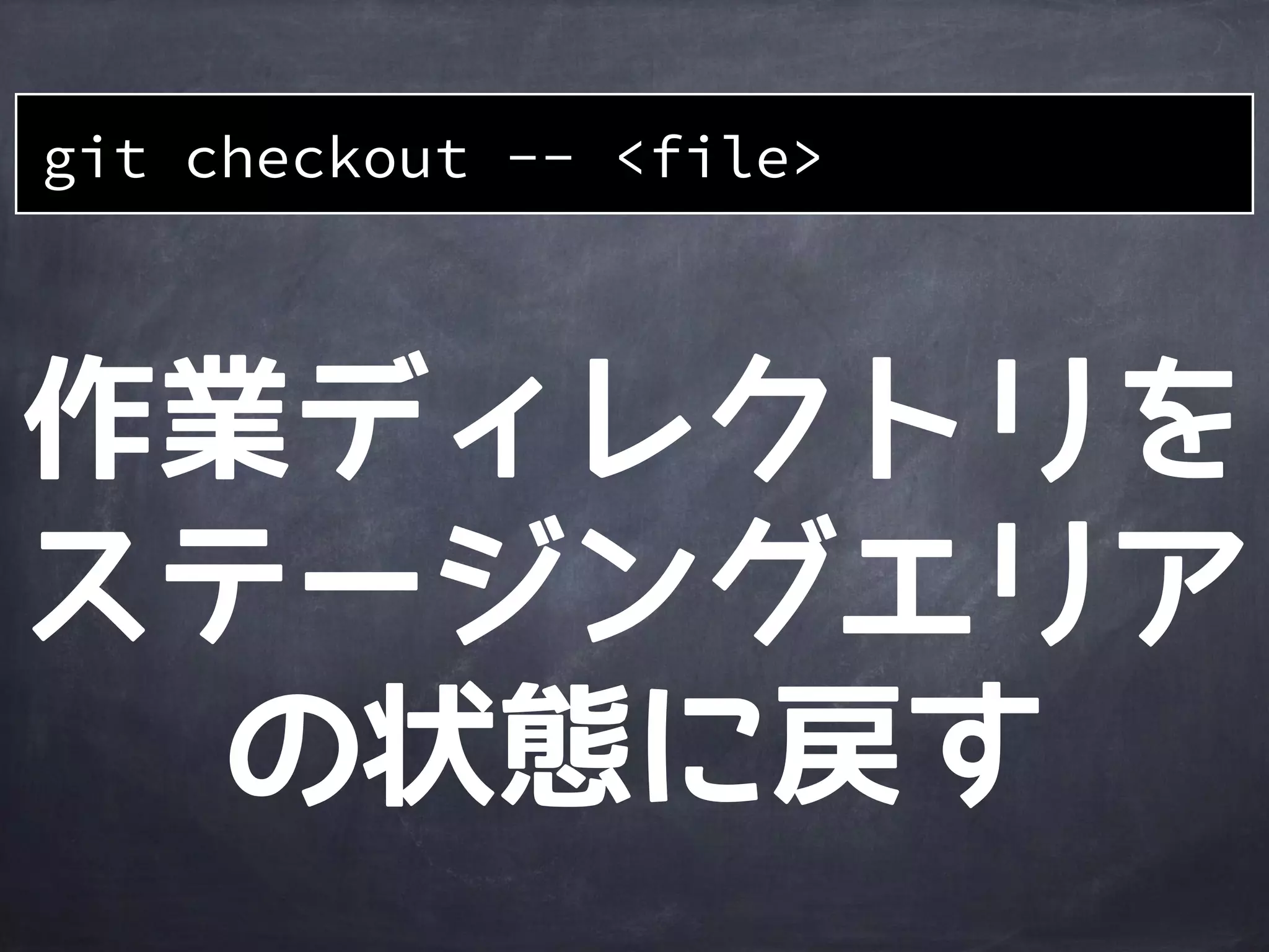 作業
ディレクトリ
ステージング
エリア
Gitディレクトリ
file2
1a401e
file1
510db8 6ccfda
file3
file1’file1’
file3
file1’ dir1
git reset HEAD dir1/file3
dir1 dir1
ステージする前の
状態に戻される
file3’
 