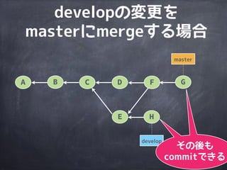 master
A B C D
E
F
DとEの両方の
commitが
親となる
conflict
する場合は
対応
develop
developの変更を
masterにmergeする場合
 