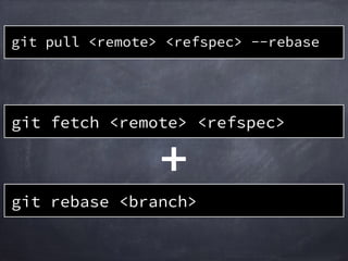 作業
ディレクトリ
ステージング
エリア
ローカルリポジトリ
リモートリポジトリ
master
A B
HEAD
origin/master
C
D
E
A B C
master
git pull origin master
file2
file3
file3file3
file2file2
リモート
ブランチ更新
merge
file1&rsquo;file1
 