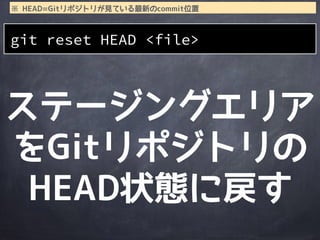 ステージングエリア
をGitリポジトリの
HEAD状態に戻す
git reset HEAD <file>
※ HEAD=Gitリポジトリが見ている最新のcommit位置
 